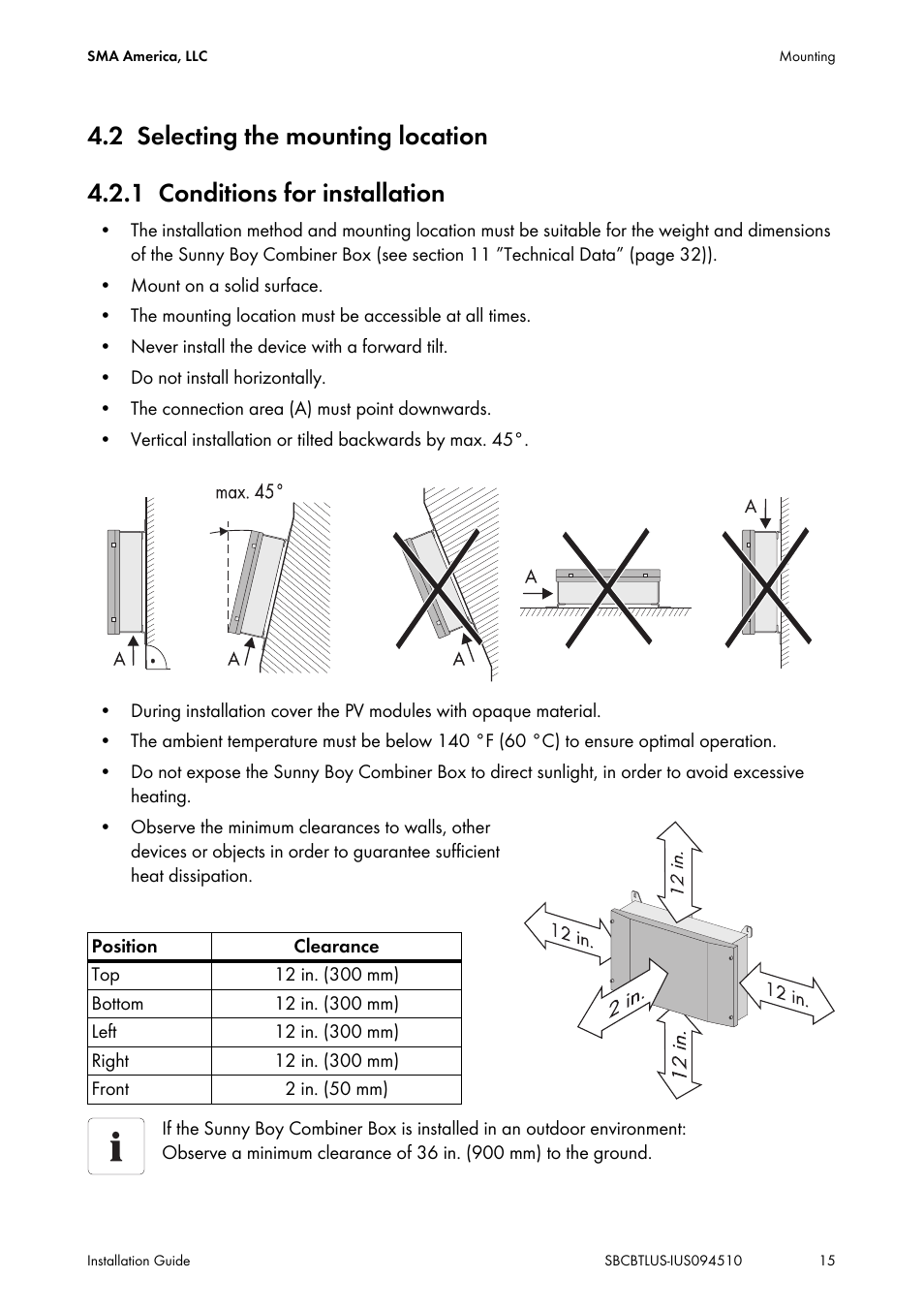 2 selecting the mounting location, 1 conditions for installation, Selecting the mounting location | Conditions for installation | SMA SBCBTL6 User Manual | Page 15 / 36