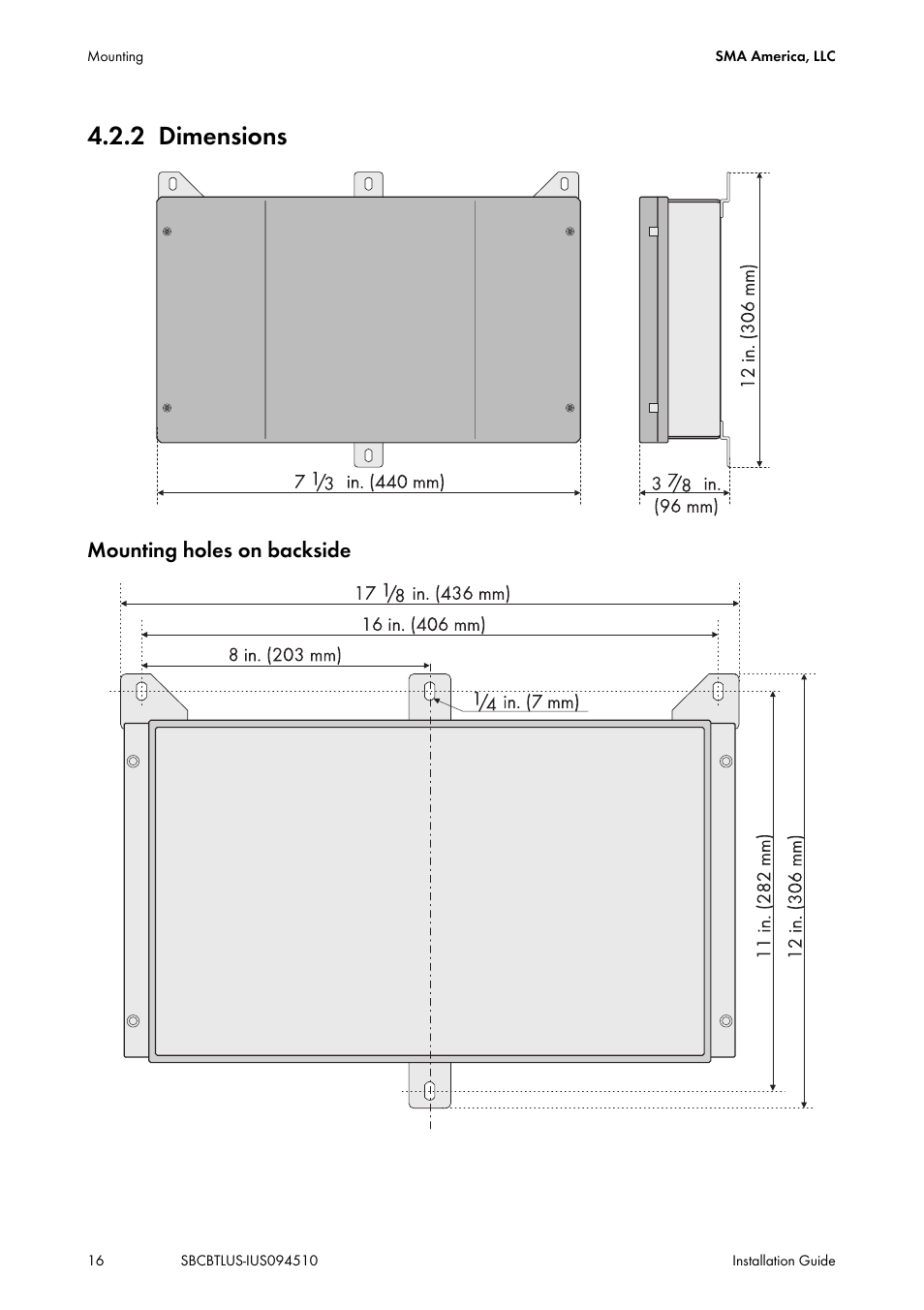 2 dimensions, Dimensions, Mounting holes on backside | SMA SBCBTL6 User Manual | Page 16 / 36