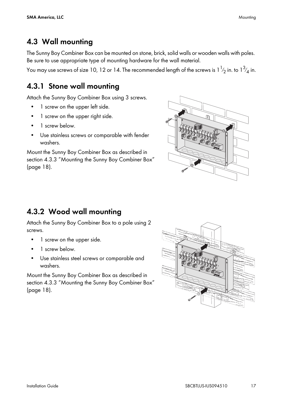 3 wall mounting, 1 stone wall mounting, 2 wood wall mounting | Wall mounting, Stone wall mounting, Wood wall mounting | SMA SBCBTL6 User Manual | Page 17 / 36