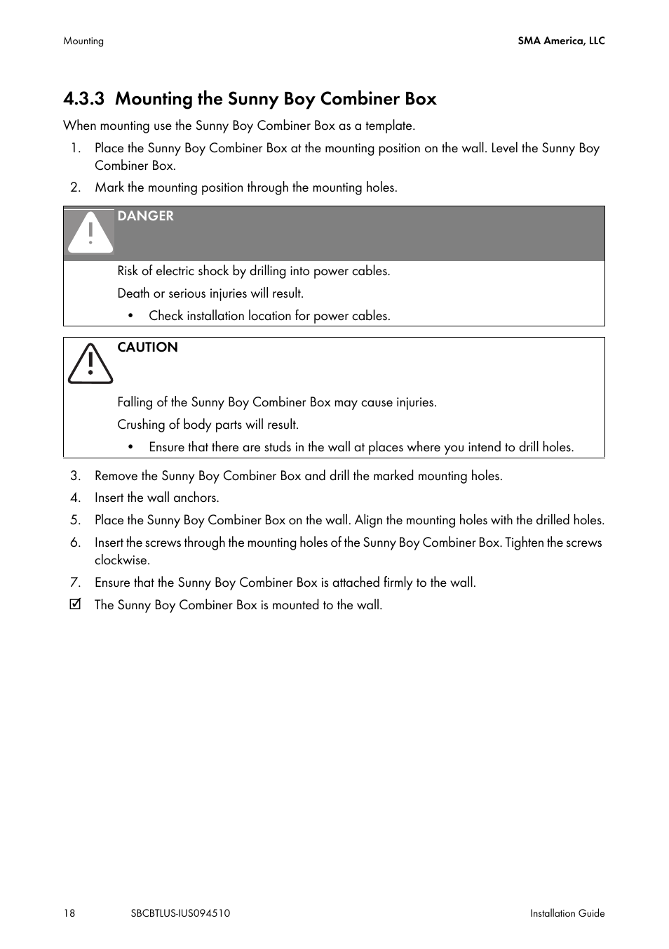 3 mounting the sunny boy combiner box, Mounting the sunny boy combiner box | SMA SBCBTL6 User Manual | Page 18 / 36