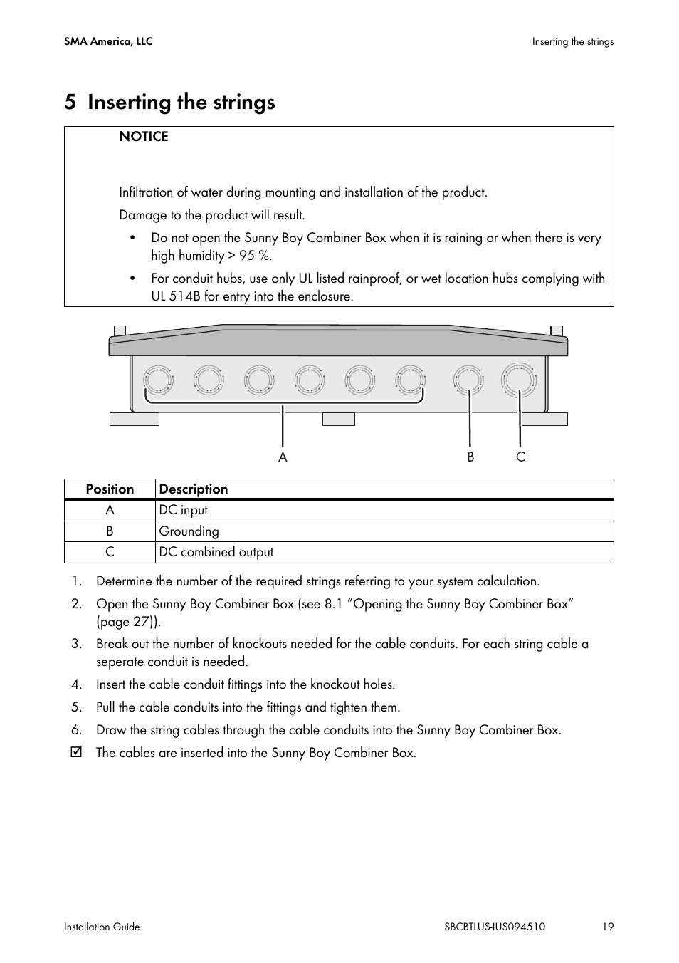 5 inserting the strings, Inserting the strings | SMA SBCBTL6 User Manual | Page 19 / 36