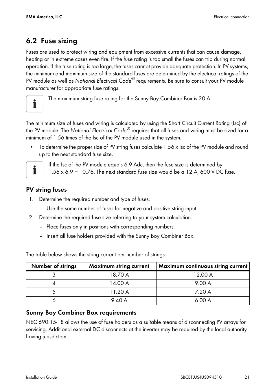 2 fuse sizing, Fuse sizing | SMA SBCBTL6 User Manual | Page 21 / 36