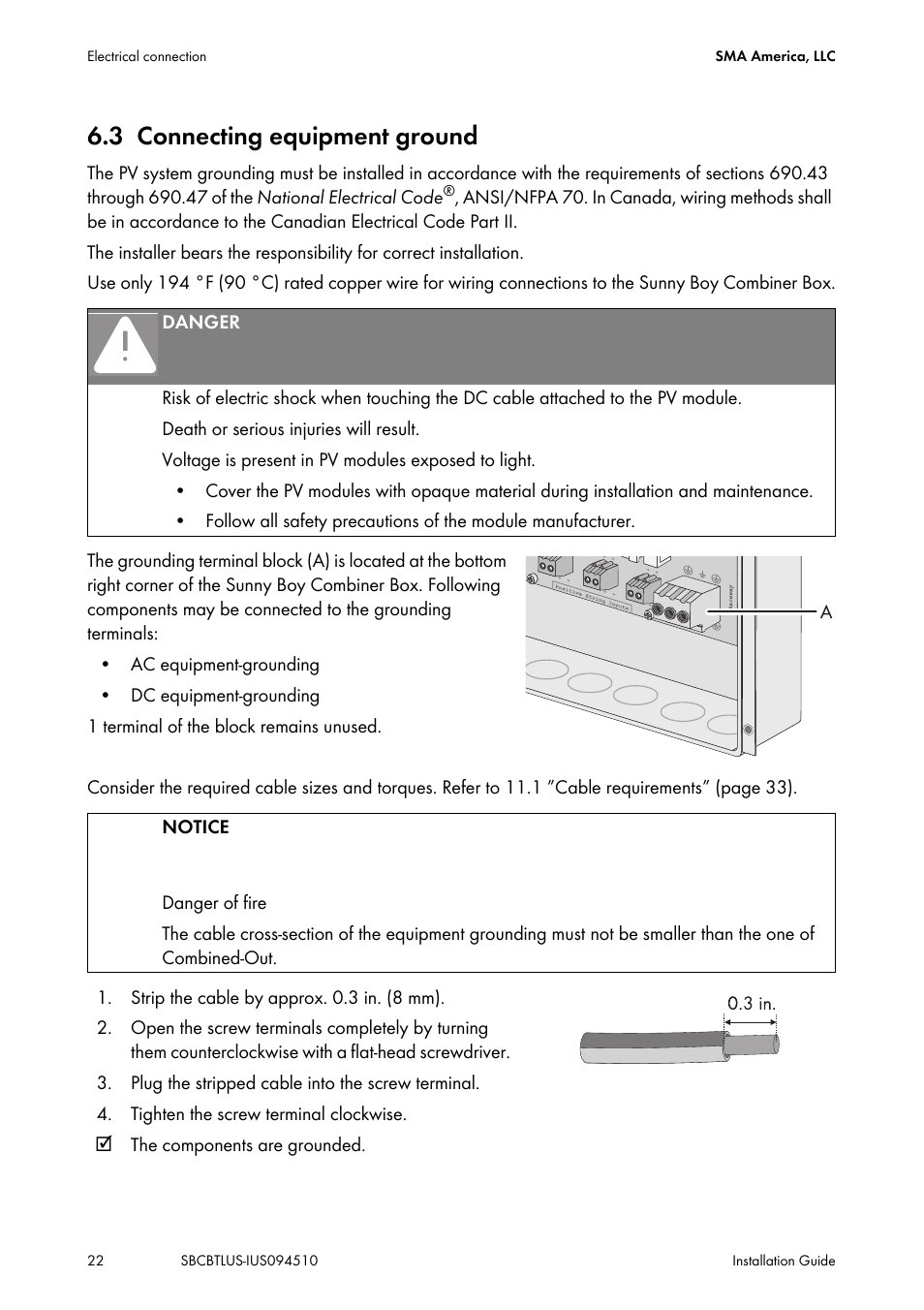 3 connecting equipment ground, Connecting equipment ground | SMA SBCBTL6 User Manual | Page 22 / 36