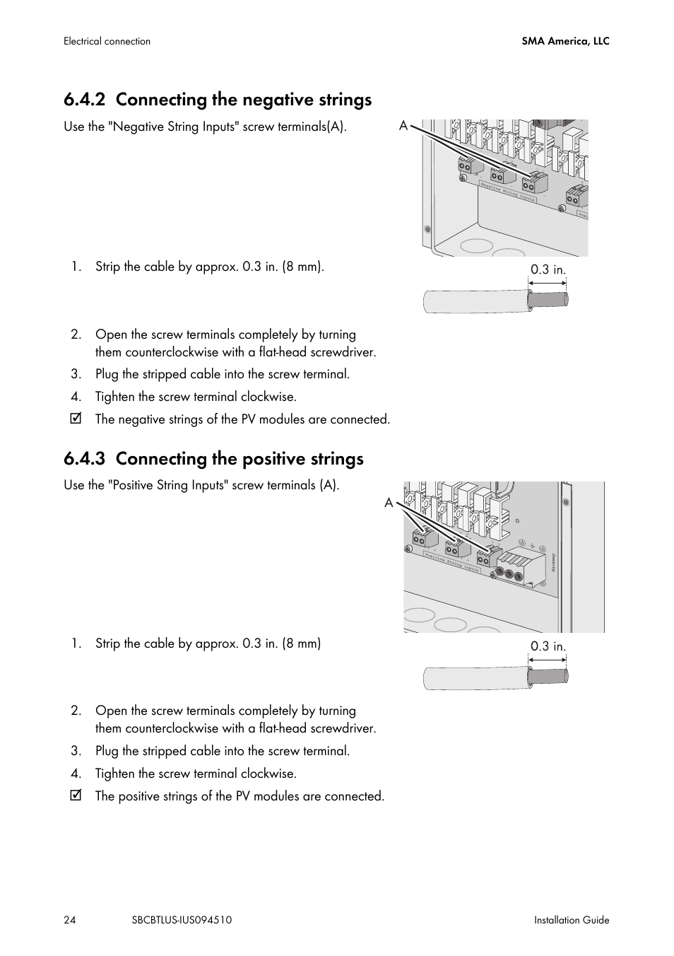 2 connecting the negative strings, 3 connecting the positive strings, Connecting the negative strings | Connecting the positive strings | SMA SBCBTL6 User Manual | Page 24 / 36