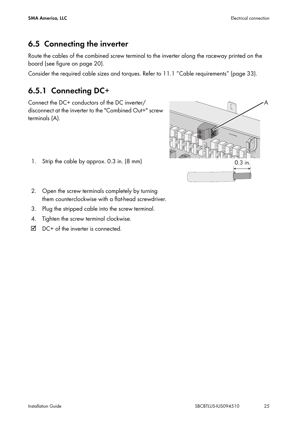 5 connecting the inverter, 1 connecting dc, Connecting the inverter | Connecting dc | SMA SBCBTL6 User Manual | Page 25 / 36