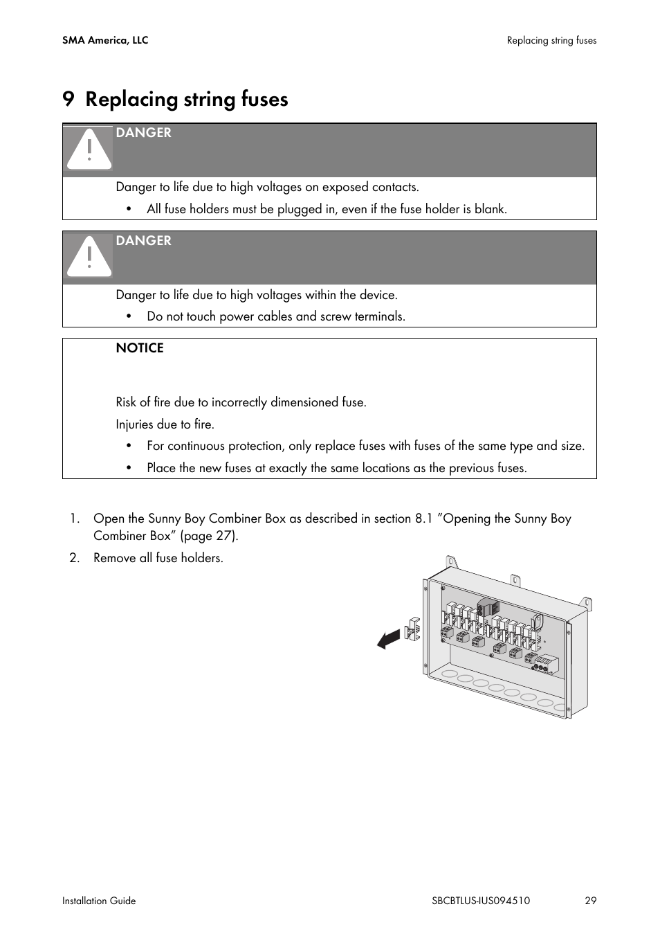 9 replacing string fuses, Replacing string fuses | SMA SBCBTL6 User Manual | Page 29 / 36