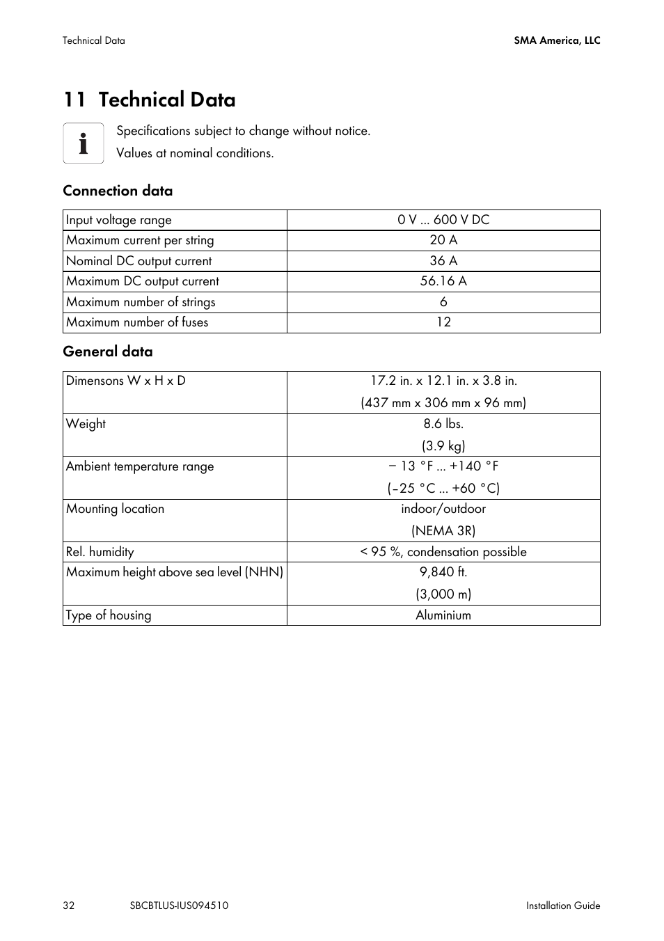 11 technical data, Technical data | SMA SBCBTL6 User Manual | Page 32 / 36