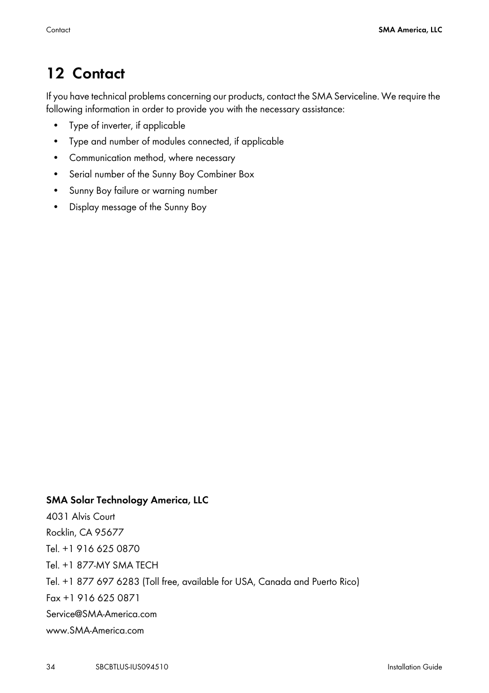 12 contact, Contact | SMA SBCBTL6 User Manual | Page 34 / 36