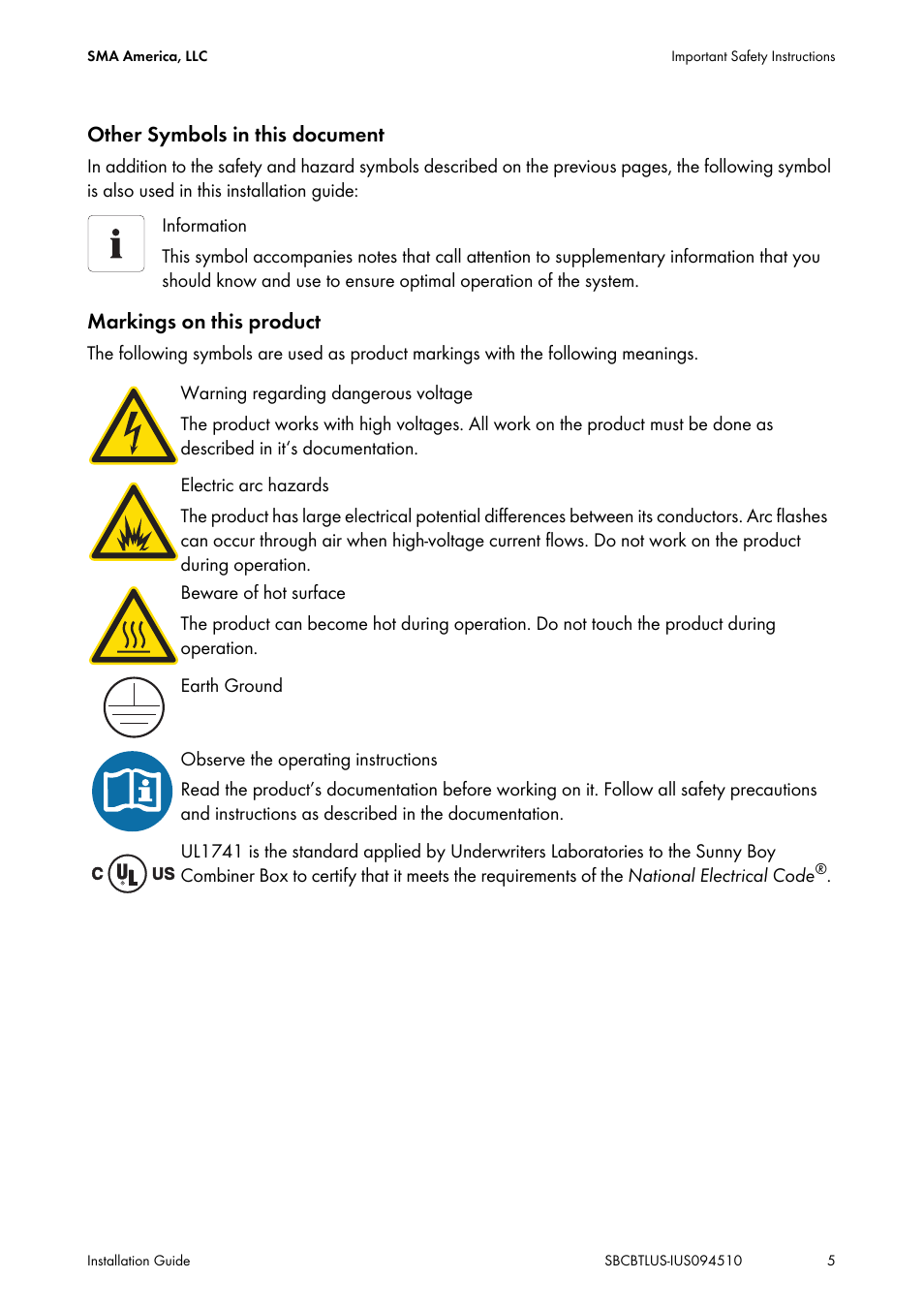Other symbols in this document, Markings on this product | SMA SBCBTL6 User Manual | Page 5 / 36