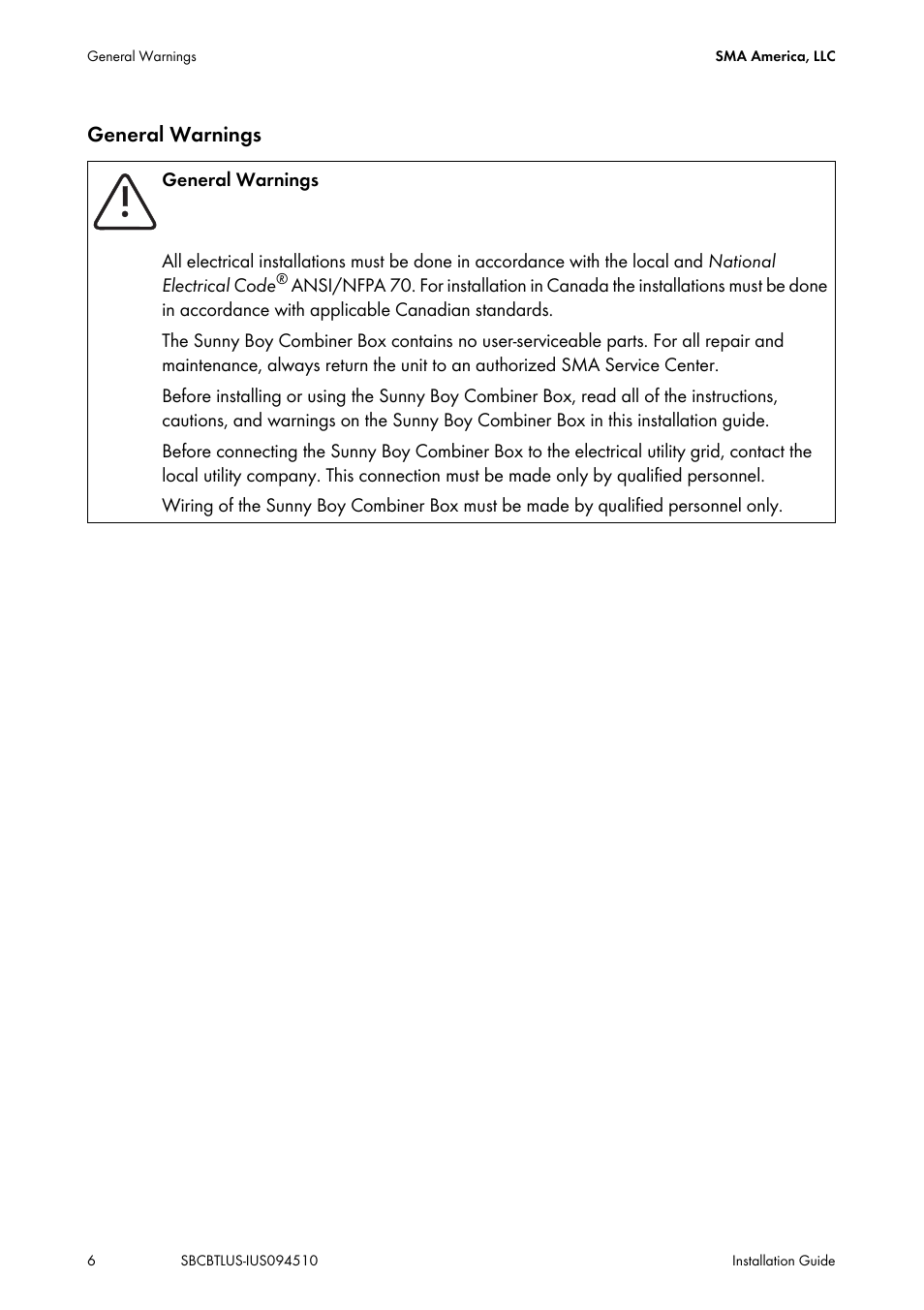 General warnings | SMA SBCBTL6 User Manual | Page 6 / 36
