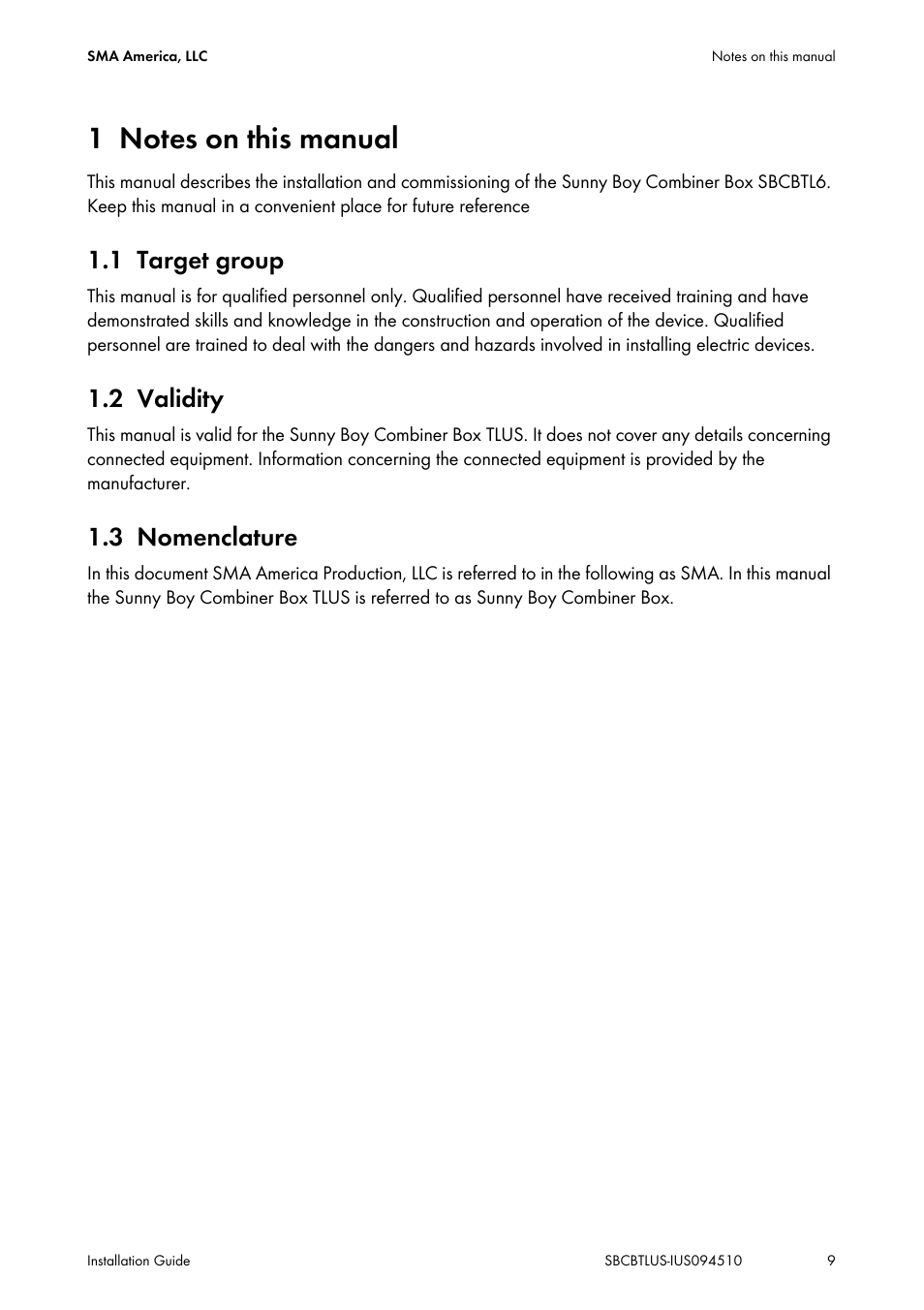 1 notes on this manual, 1 target group, 2 validity | 3 nomenclature, Notes on this manual, Target group, Validity, Nomenclature | SMA SBCBTL6 User Manual | Page 9 / 36