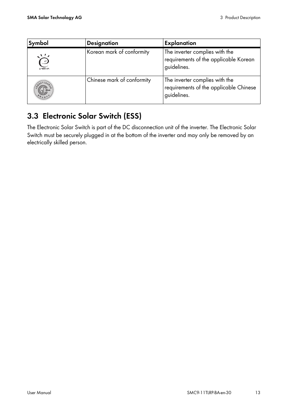 3 electronic solar switch (ess), Electronic solar switch (ess) | SMA SMC 9000TL User Manual | Page 13 / 24