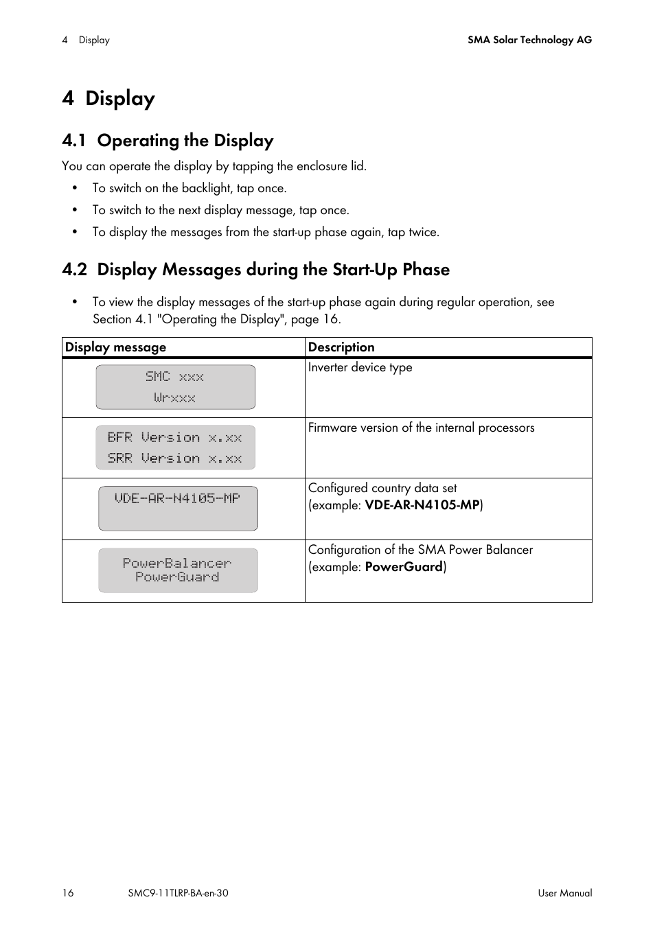 4 display, 1 operating the display, 2 display messages during the start-up phase | Display, Operating the display, Display messages during the start-up phase | SMA SMC 9000TL User Manual | Page 16 / 24