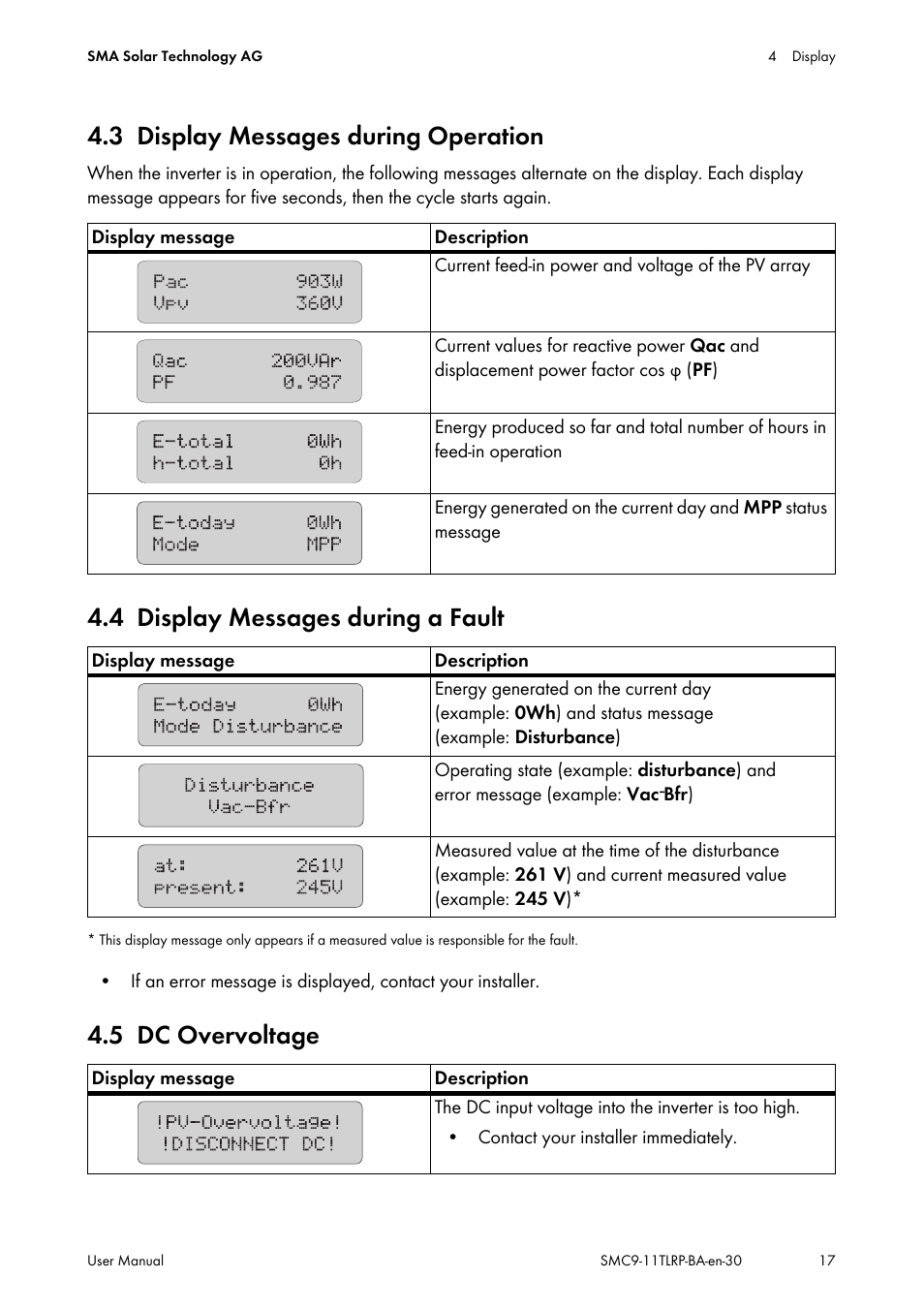 3 display messages during operation, 4 display messages during a fault, 5 dc overvoltage | Display messages during operation, Display messages during a fault, Dc overvoltage | SMA SMC 9000TL User Manual | Page 17 / 24