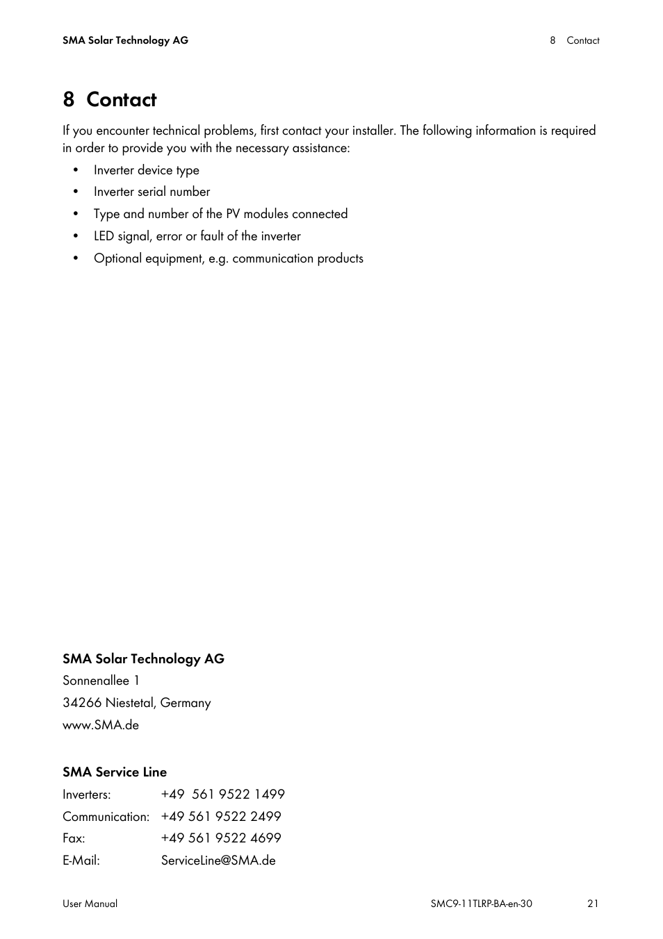 8 contact, Contact | SMA SMC 9000TL User Manual | Page 21 / 24