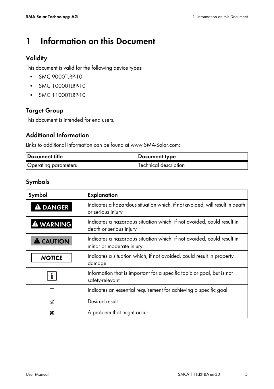 1 information on this document, Information on this document | SMA SMC 9000TL User Manual | Page 5 / 24