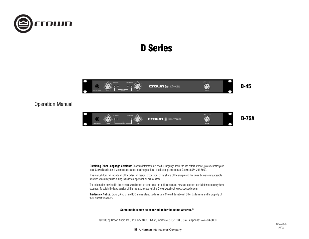 Crown Audio D-75A User Manual | 24 pages