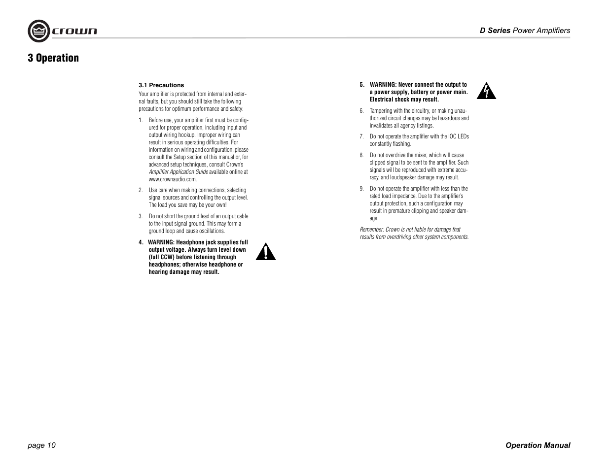 3 operation, 1 precautions | Crown Audio D-75A User Manual | Page 10 / 24