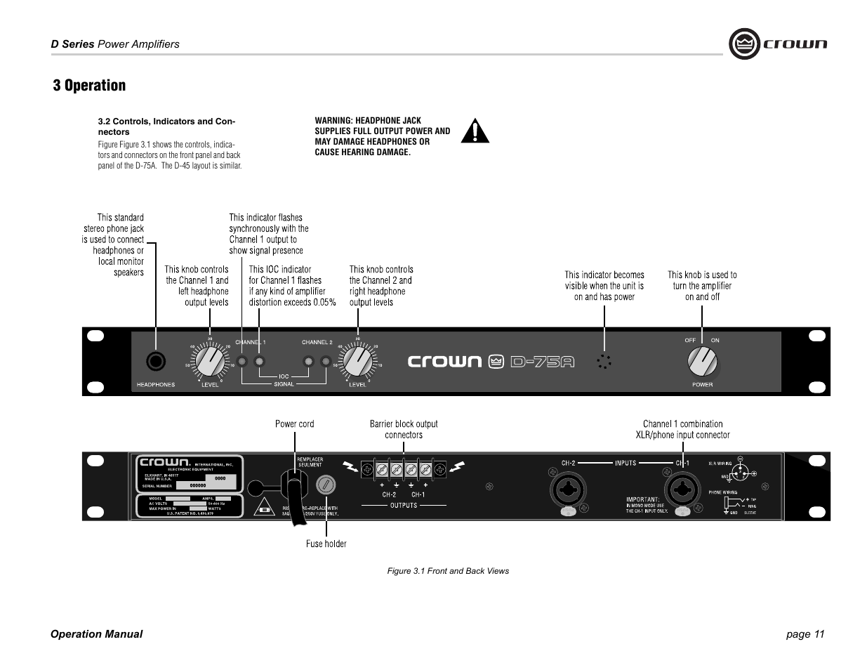 Figure 3.1 front and back views, 3 operation, 2 controls, indicators and connectors | Crown Audio D-75A User Manual | Page 11 / 24
