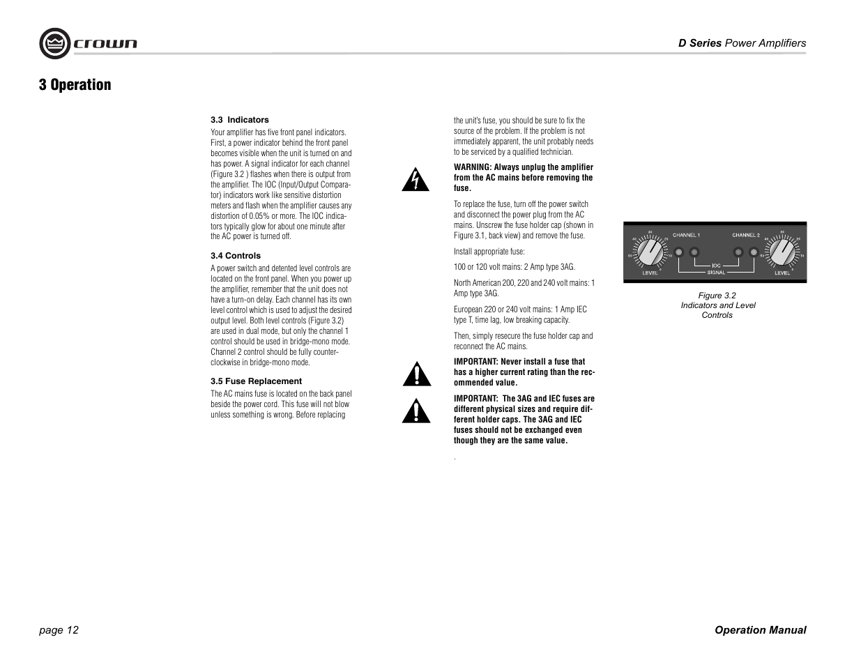 Figure 3.2 indicators and level controls, 3 indicators, 4 controls | 5 fuse replacement, 3 operation | Crown Audio D-75A User Manual | Page 12 / 24