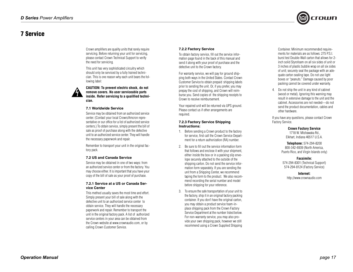 7 service, 1 worldwide service, 2 us and canada service | 1 service at a us or canada service center, 2 factory service, 3 factory service shipping instructions | Crown Audio D-75A User Manual | Page 17 / 24