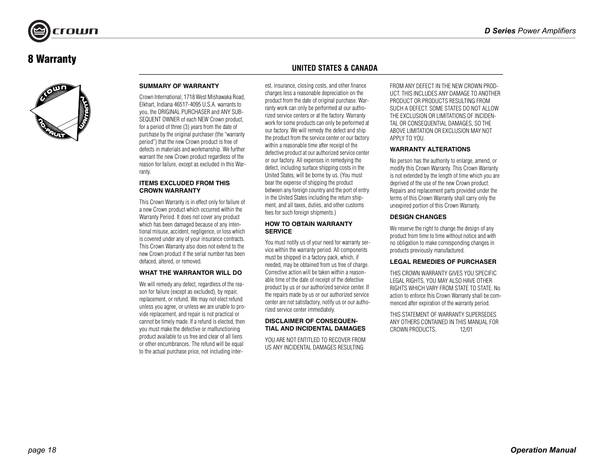 8 warranty | Crown Audio D-75A User Manual | Page 18 / 24