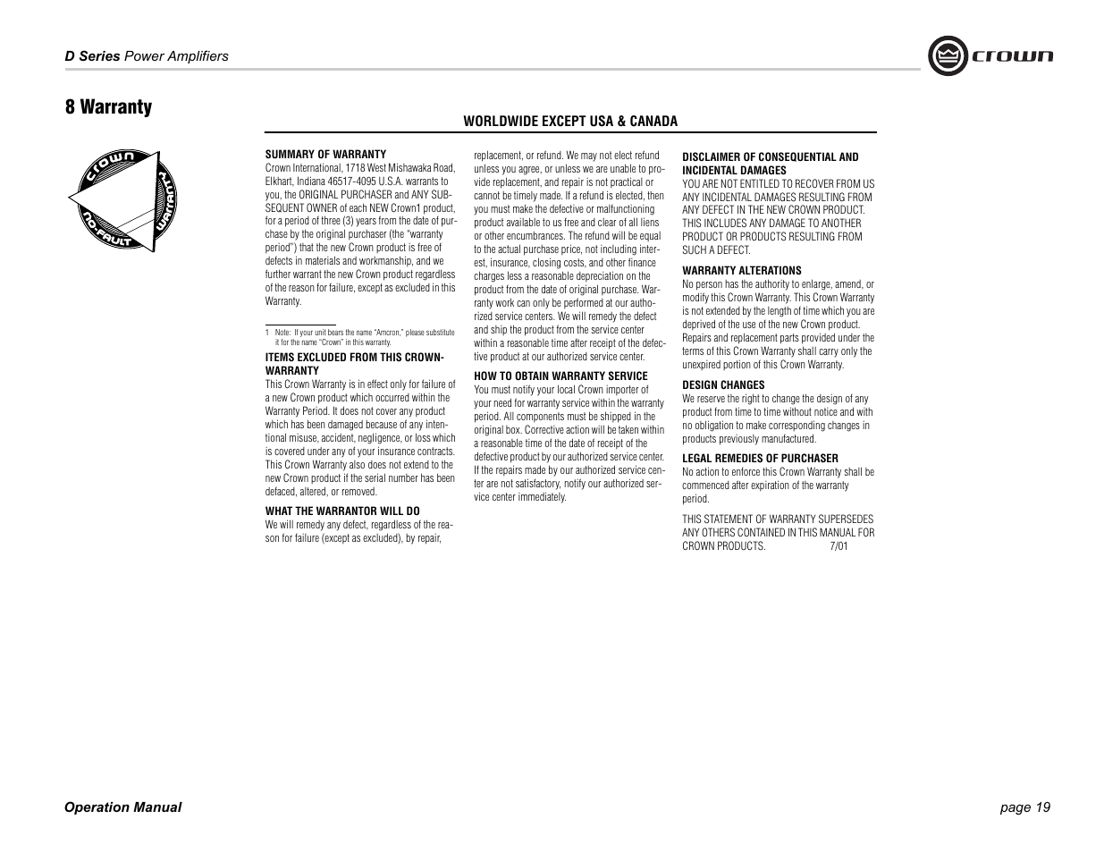 8 warranty | Crown Audio D-75A User Manual | Page 19 / 24