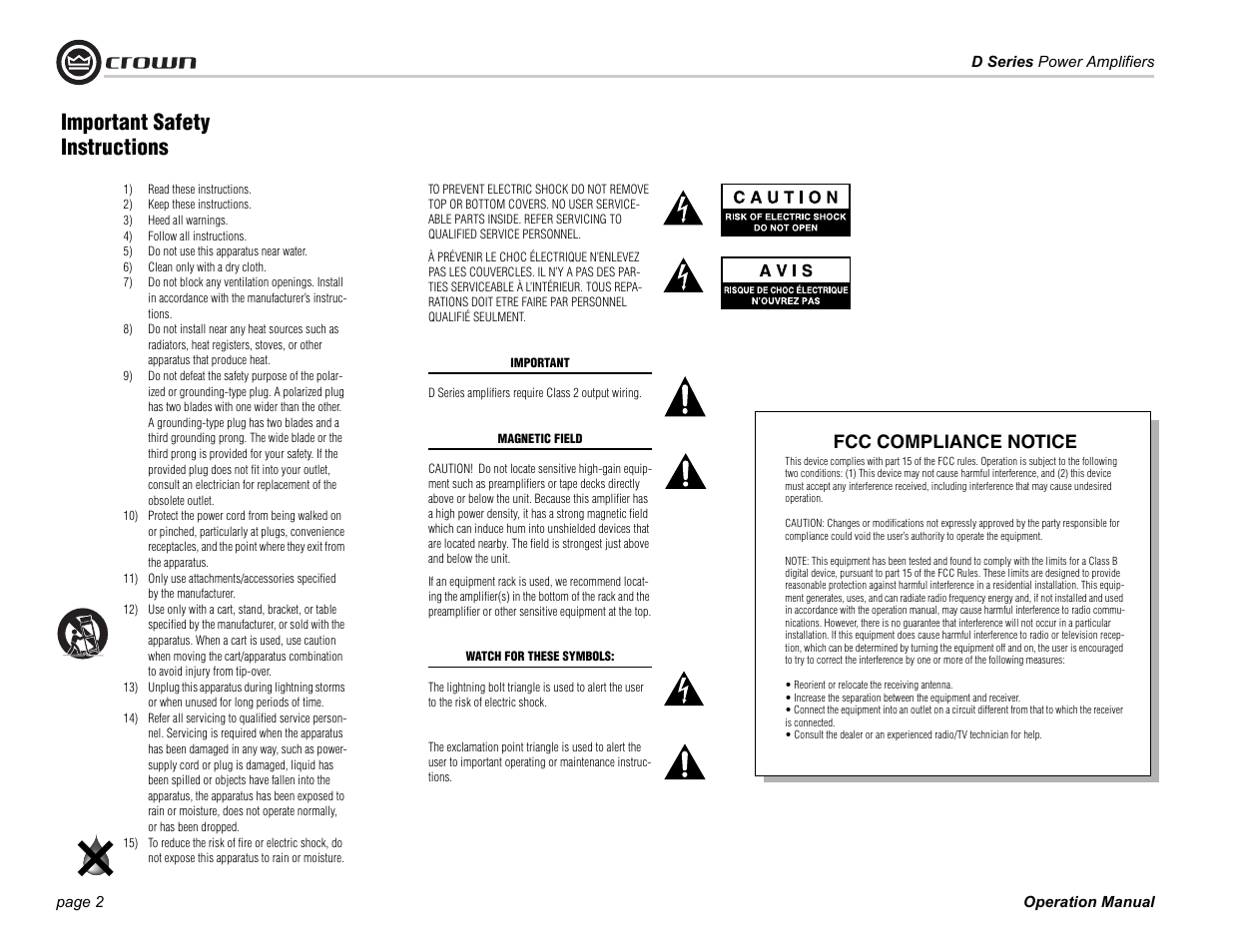 1) read these instructions, 2) keep these instructions, 3) heed all warnings | 4) follow all instructions, 5) do not use this apparatus near water, 6) clean only with a dry cloth, Important safety instructions, Fcc compliance notice | Crown Audio D-75A User Manual | Page 2 / 24