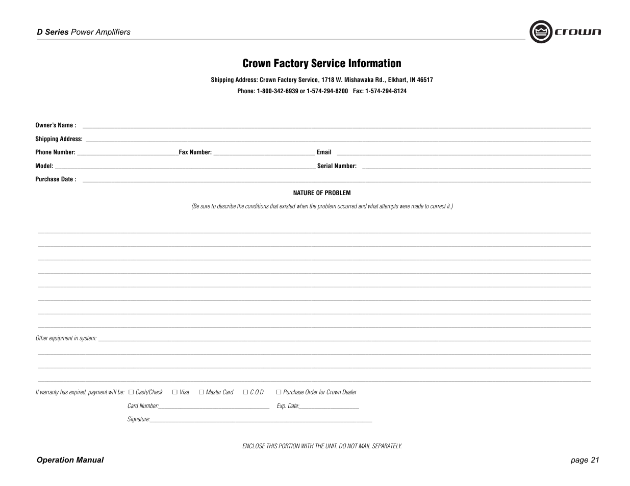 Owner’s name, Shipping address, Purchase date | Nature of problem, Other equipment in system, Signature, Crown factory service information | Crown Audio D-75A User Manual | Page 21 / 24