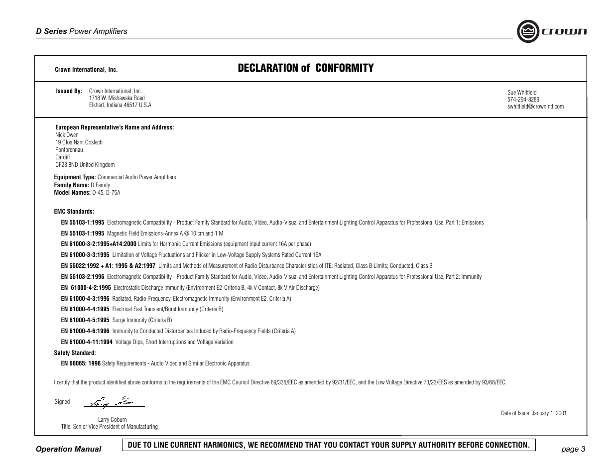 Declaration of conformity | Crown Audio D-75A User Manual | Page 3 / 24