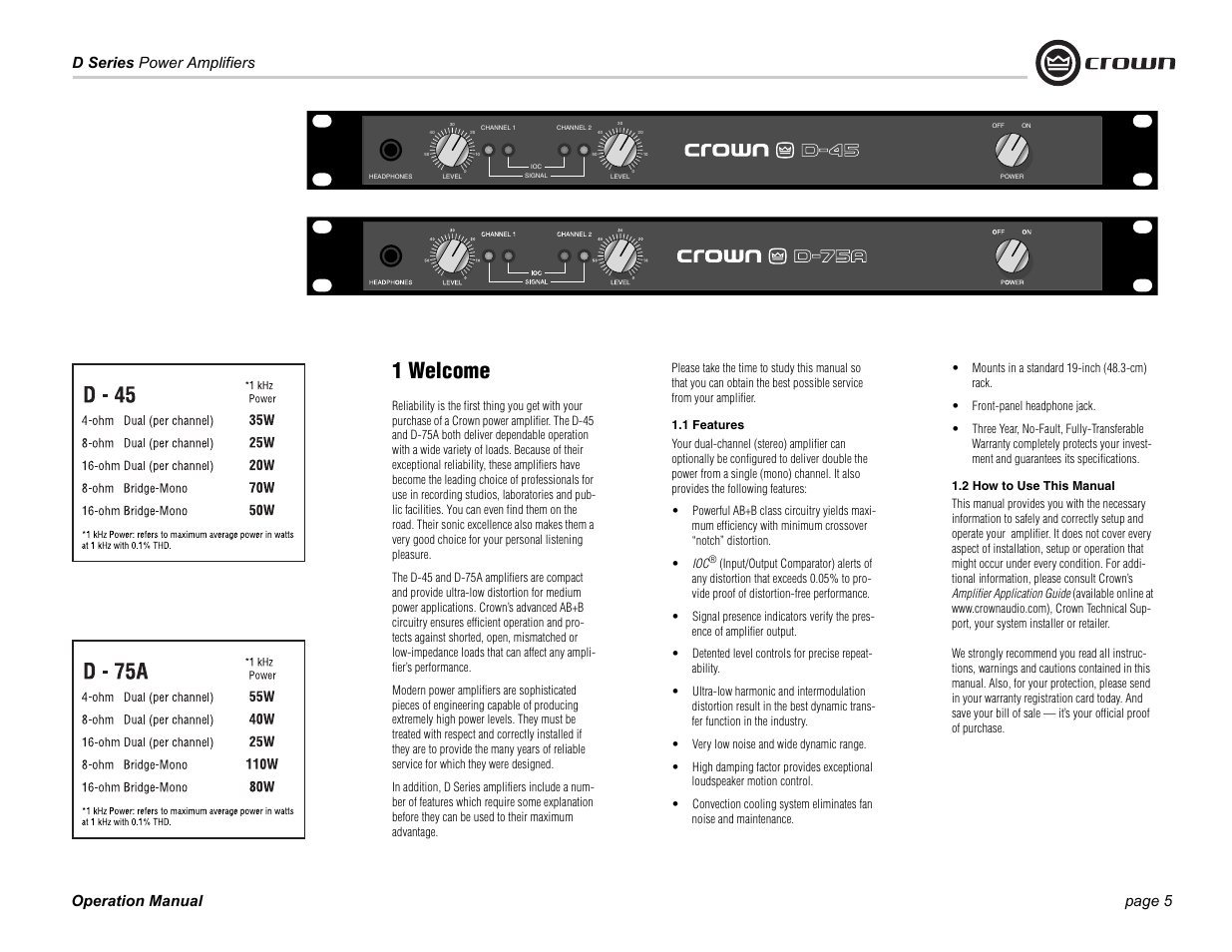 1 welcome, 1 features, 2 how to use this manual | D series power amplifiers page 5 operation manual | Crown Audio D-75A User Manual | Page 5 / 24