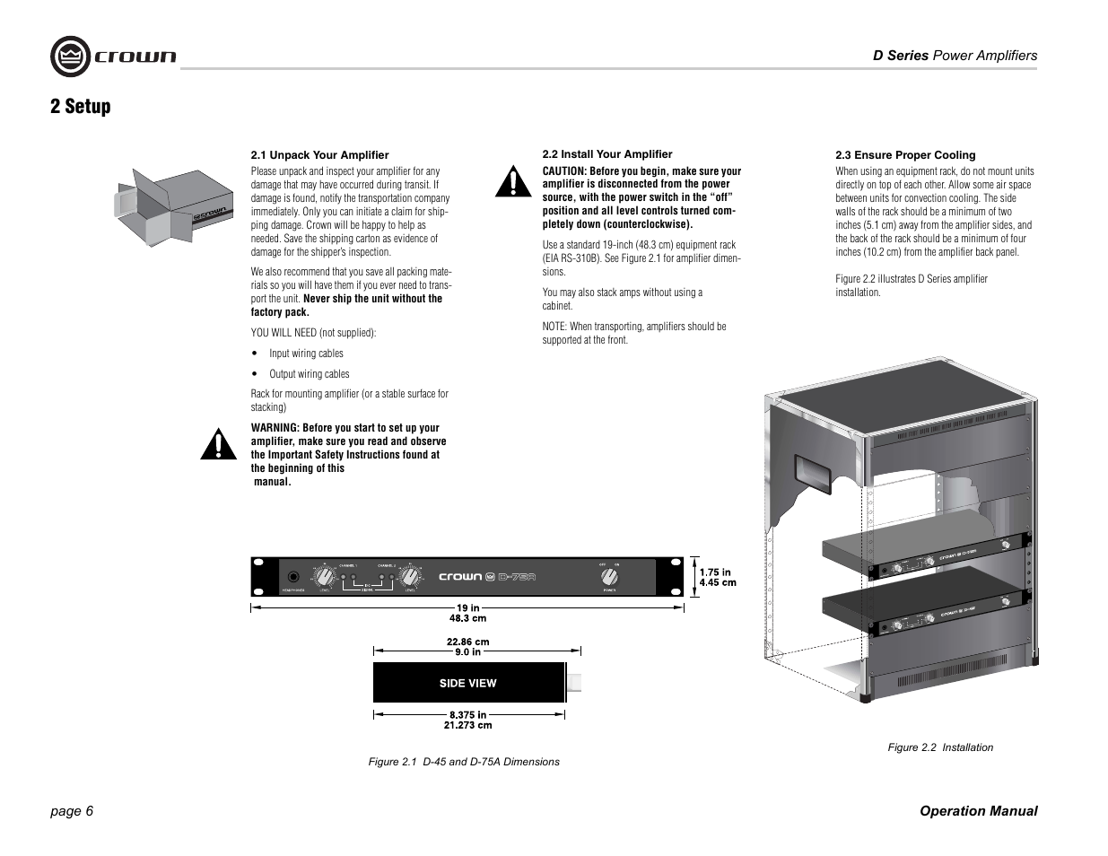 Figure 2.1 d-45 and d-75a dimensions, Figure 2.2 installation, 2 setup | 1 unpack your amplifier, 2 install your amplifier, 3 ensure proper cooling | Crown Audio D-75A User Manual | Page 6 / 24