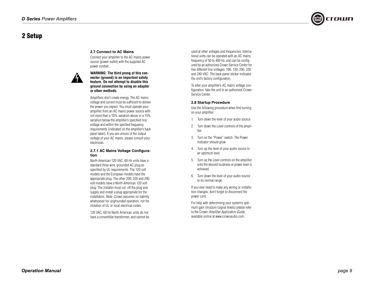 7 connect to ac mains, 1 ac mains voltage configuration, 8 startup procedure | 2 setup | Crown Audio D-75A User Manual | Page 9 / 24