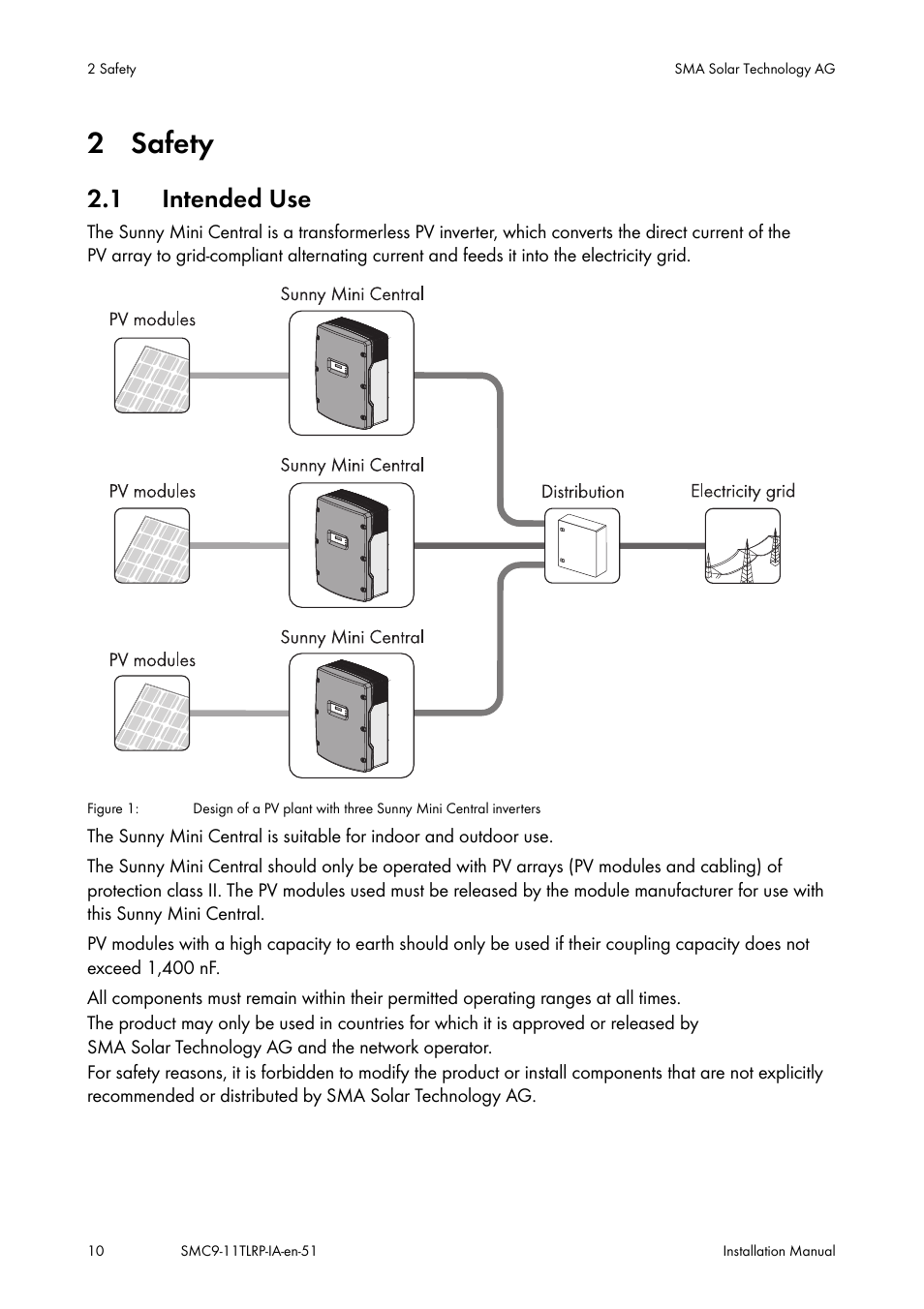 Safety, Intended use, 2 safety | 1 intended use | SMA SMC 9000TL Installation User Manual | Page 10 / 96