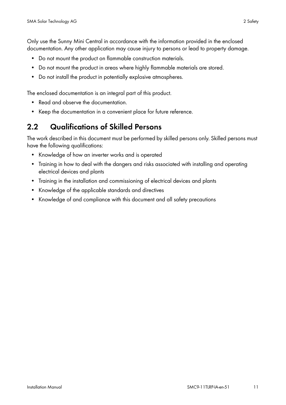 Qualifications of skilled persons, 2 qualifications of skilled persons | SMA SMC 9000TL Installation User Manual | Page 11 / 96