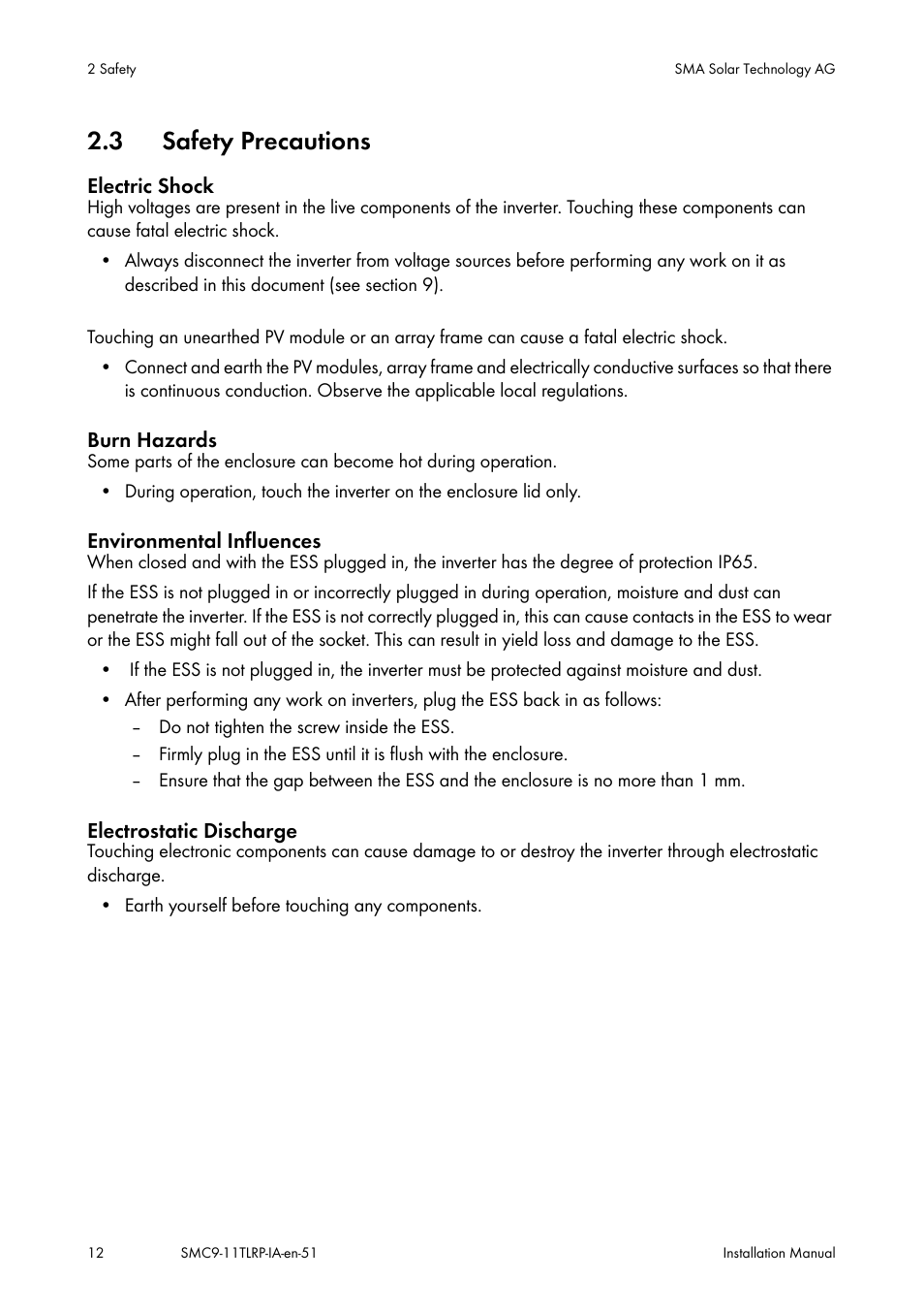 Safety precautions, 3 safety precautions, Electric shock | Burn hazards, Environmental influences, Electrostatic discharge | SMA SMC 9000TL Installation User Manual | Page 12 / 96