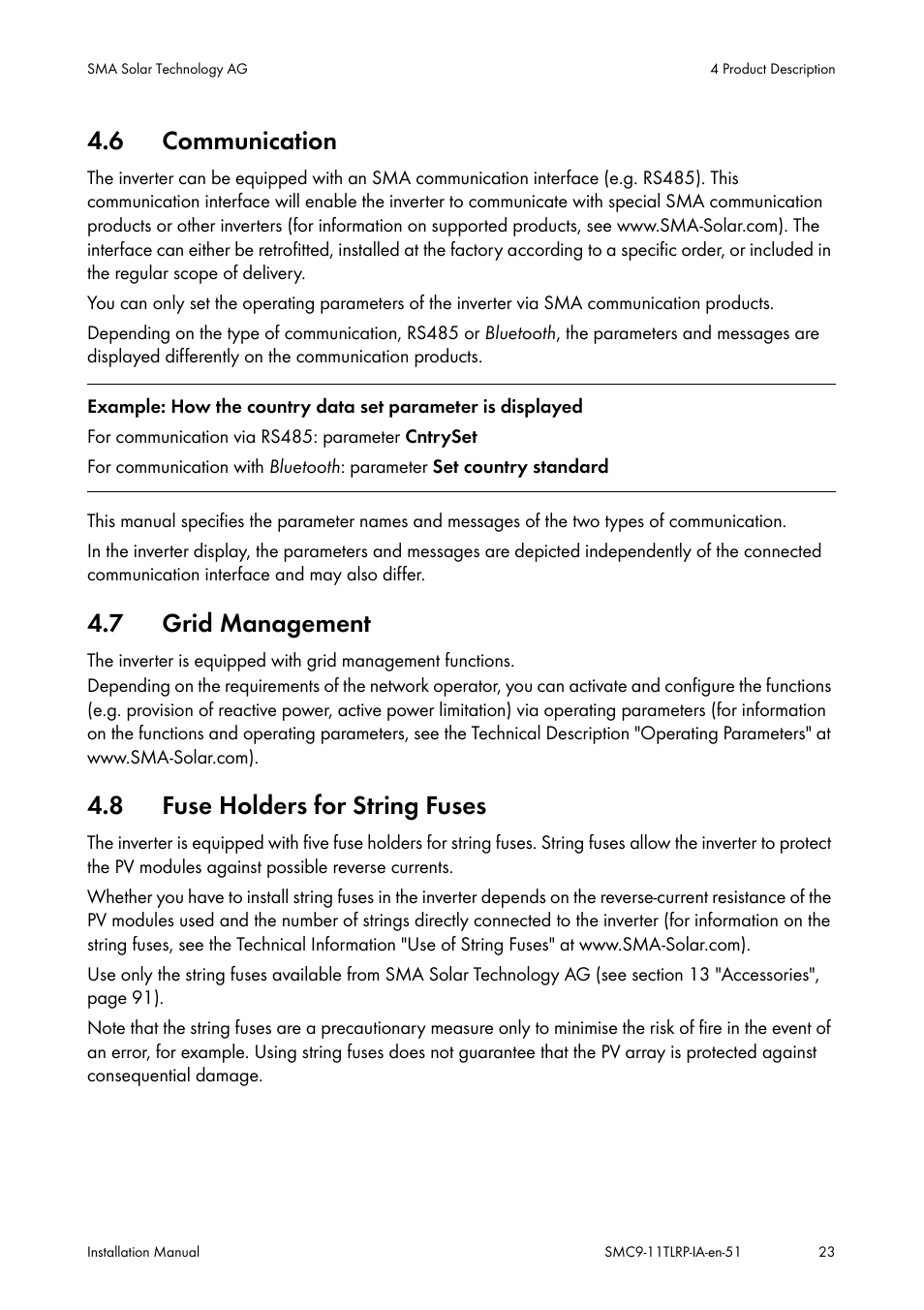 Communication, Grid management, Fuse holders for string fuses | SMA SMC 9000TL Installation User Manual | Page 23 / 96
