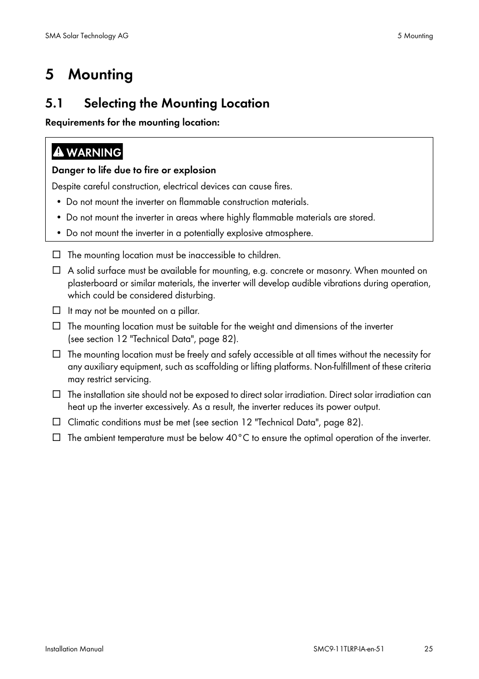 Mounting, Selecting the mounting location, 5 mounting | 1 selecting the mounting location | SMA SMC 9000TL Installation User Manual | Page 25 / 96