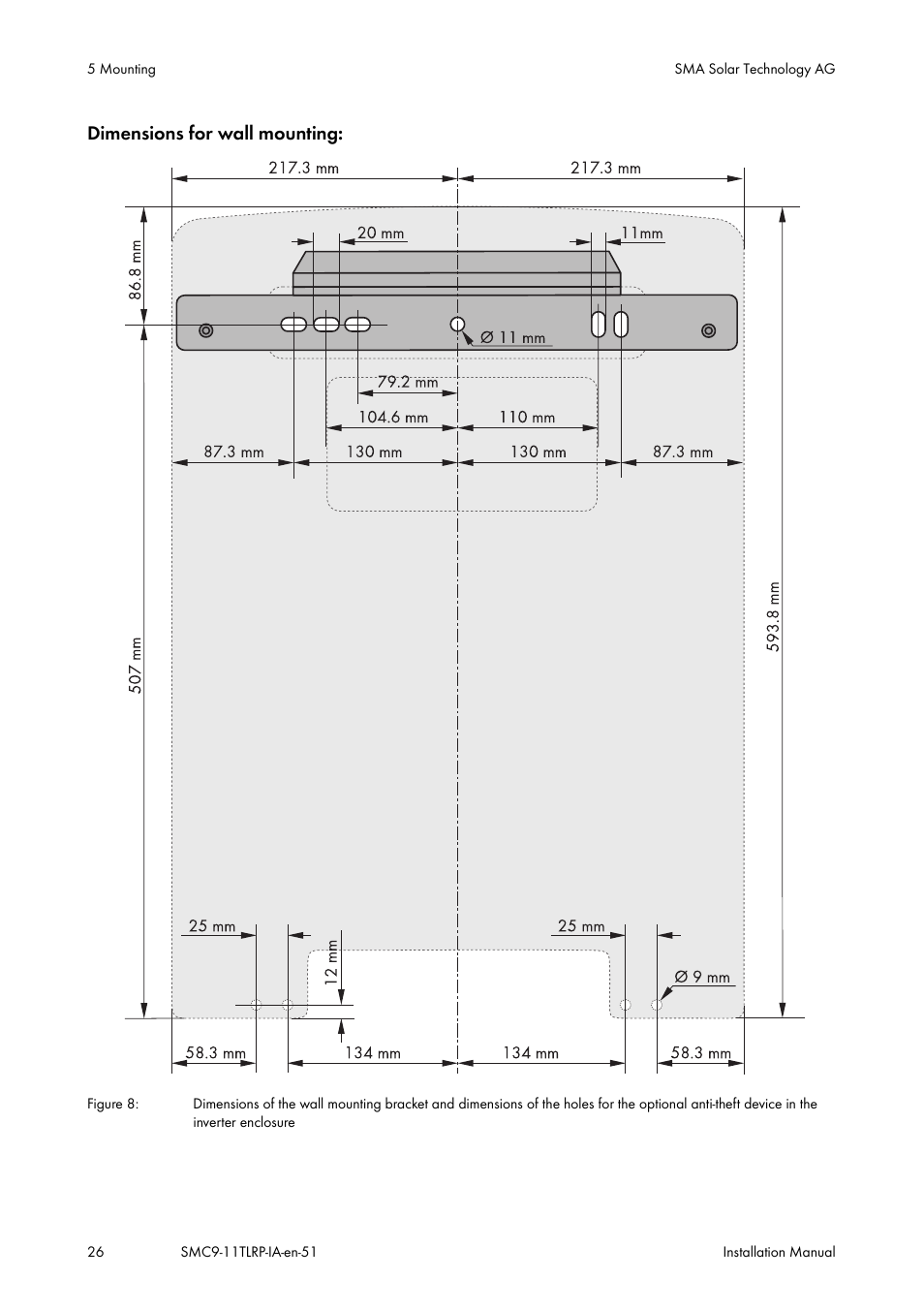 Dimensions for wall mounting | SMA SMC 9000TL Installation User Manual | Page 26 / 96