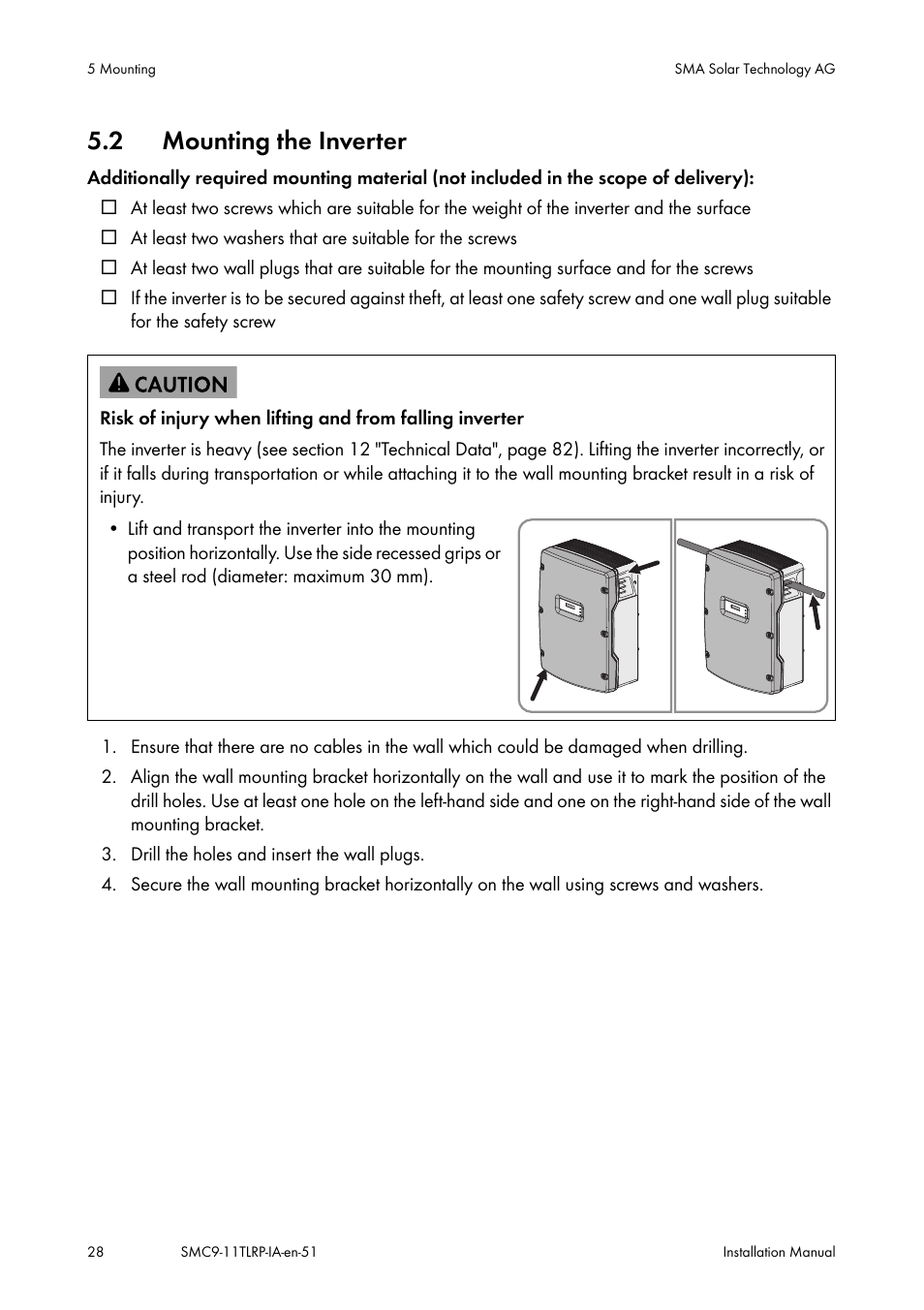 Mounting the inverter, 2 mounting the inverter | SMA SMC 9000TL Installation User Manual | Page 28 / 96