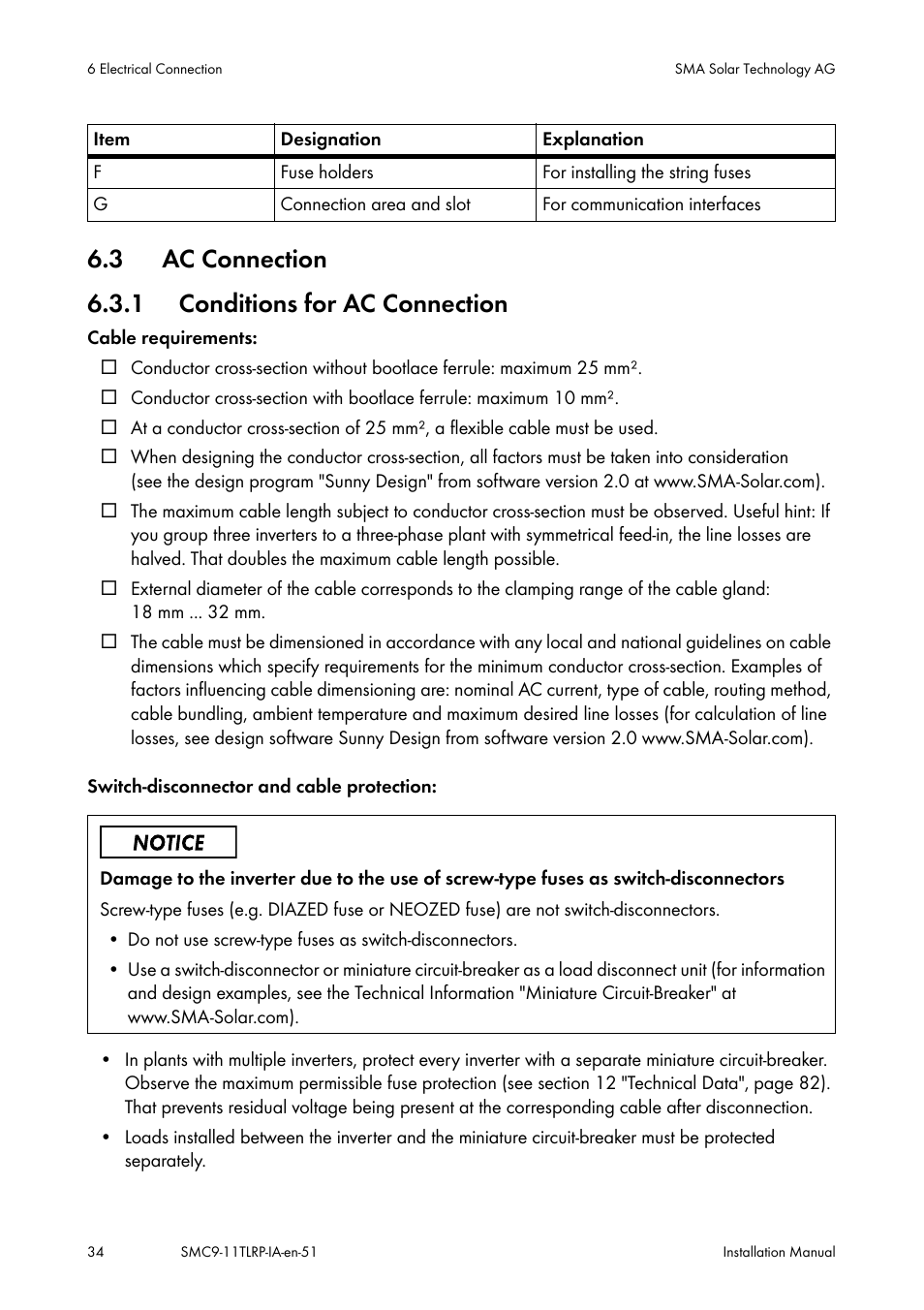 Ac connection, Conditions for ac connection, 3 ac connection 6.3.1 conditions for ac connection | SMA SMC 9000TL Installation User Manual | Page 34 / 96