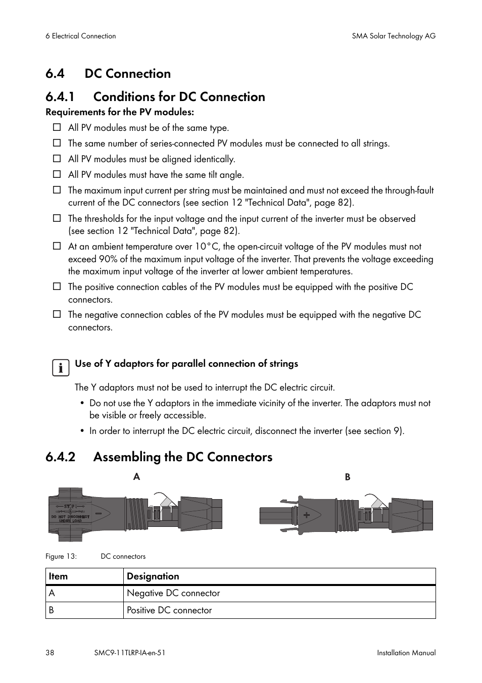 Dc connection, Conditions for dc connection, Assembling the dc connectors | 4 dc connection 6.4.1 conditions for dc connection, 2 assembling the dc connectors | SMA SMC 9000TL Installation User Manual | Page 38 / 96