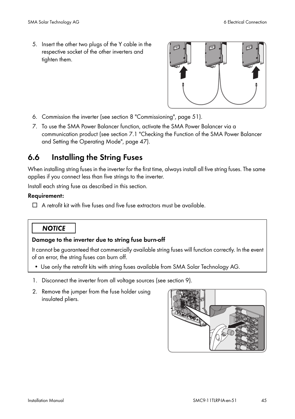 Installing the string fuses, 6 installing the string fuses | SMA SMC 9000TL Installation User Manual | Page 45 / 96