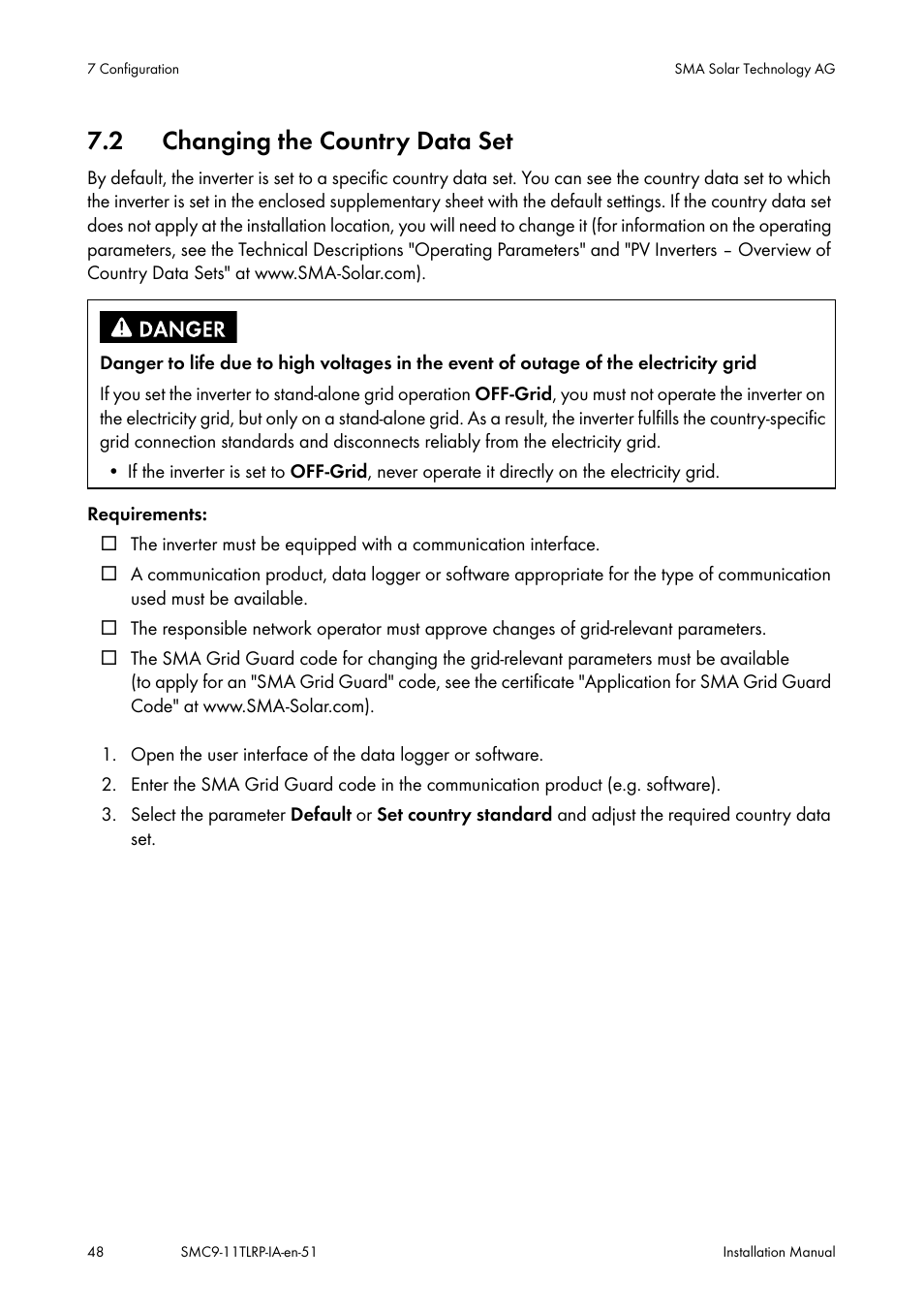 Changing the country data set, 2 changing the country data set | SMA SMC 9000TL Installation User Manual | Page 48 / 96