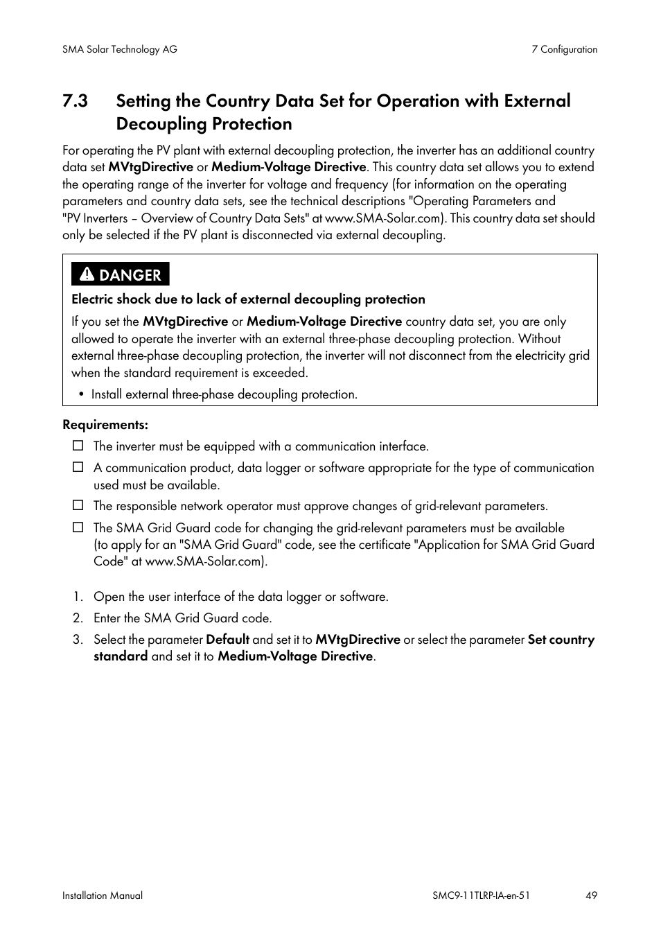Decoupling protection | SMA SMC 9000TL Installation User Manual | Page 49 / 96