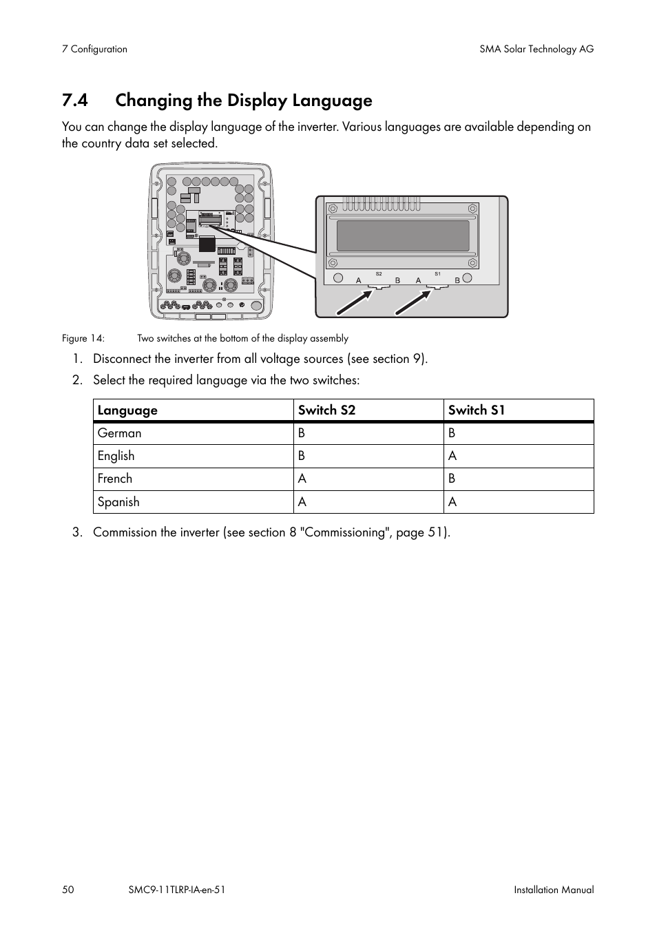 Changing the display language, 4 changing the display language | SMA SMC 9000TL Installation User Manual | Page 50 / 96