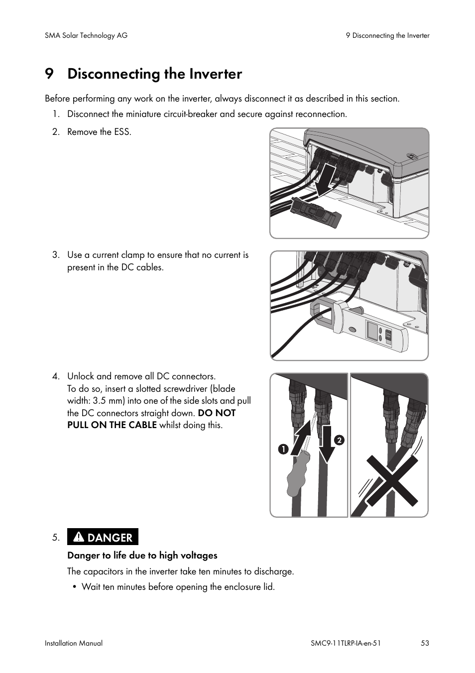 Disconnecting the inverter, 9 disconnecting the inverter | SMA SMC 9000TL Installation User Manual | Page 53 / 96