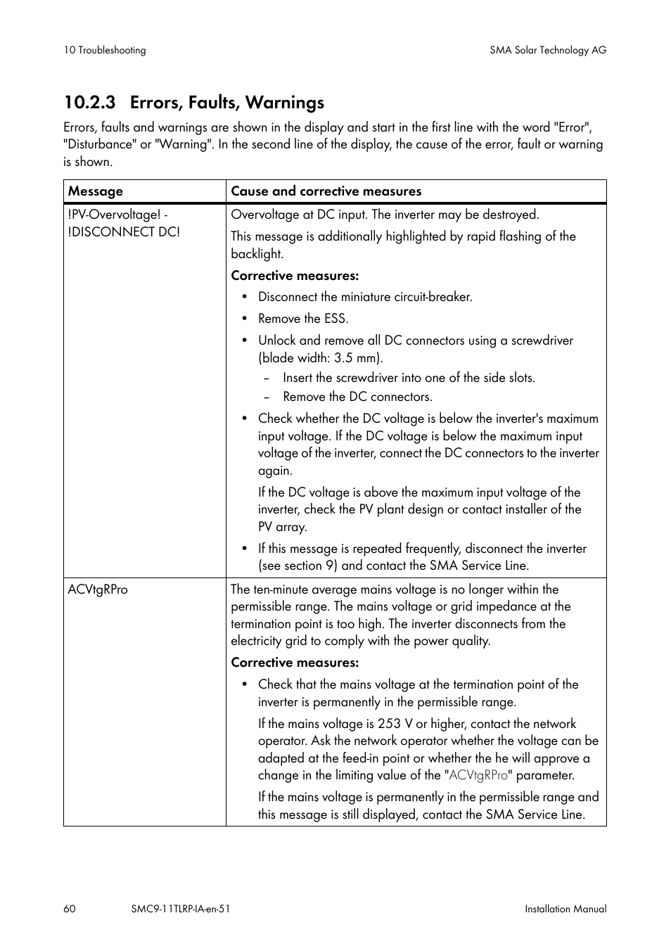 Errors, faults, warnings, 3 errors, faults, warnings | SMA SMC 9000TL Installation User Manual | Page 60 / 96