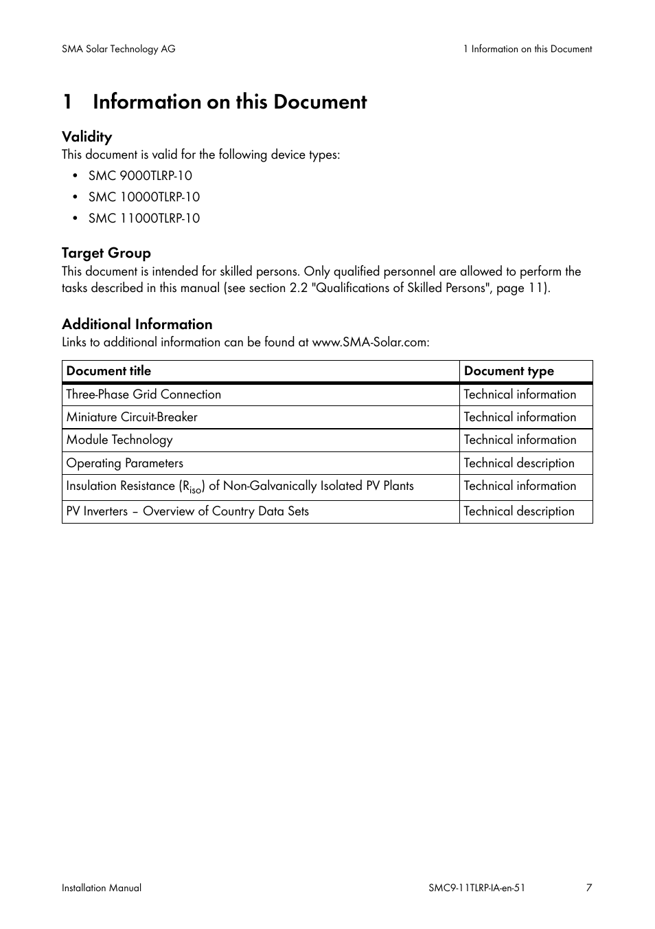 Information on this document, 1 information on this document, Validity | Target group, Additional information | SMA SMC 9000TL Installation User Manual | Page 7 / 96