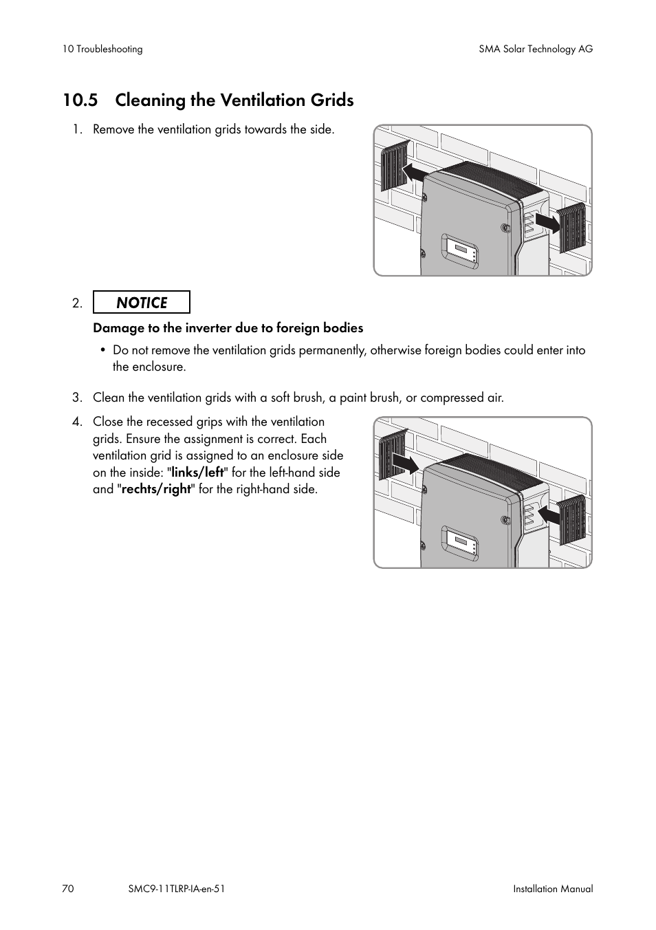 Cleaning the ventilation grids, 5 cleaning the ventilation grids | SMA SMC 9000TL Installation User Manual | Page 70 / 96